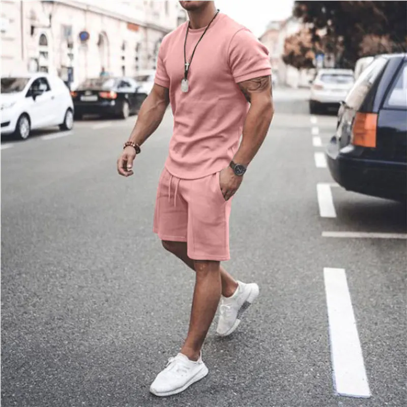 Fato de treino masculino casual algodão de manga curta camiseta shorts 2 peças terno de verão roupa masculina solta terno