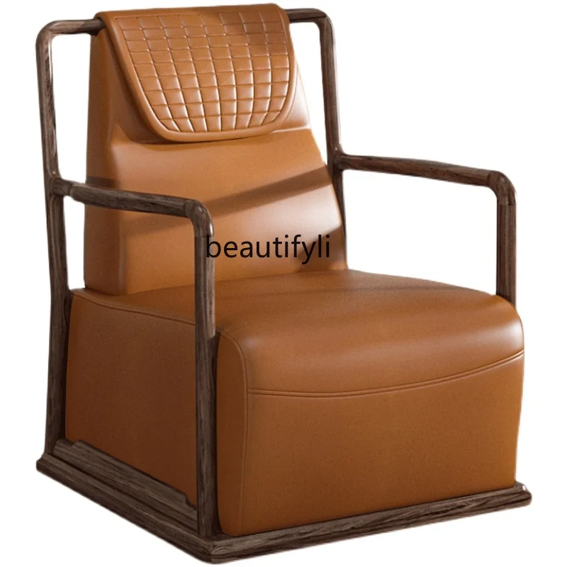 

Solid Wood Leather Lounge Chair Light Luxury New Chinese Study Ugyen Wood Single Seat Couch