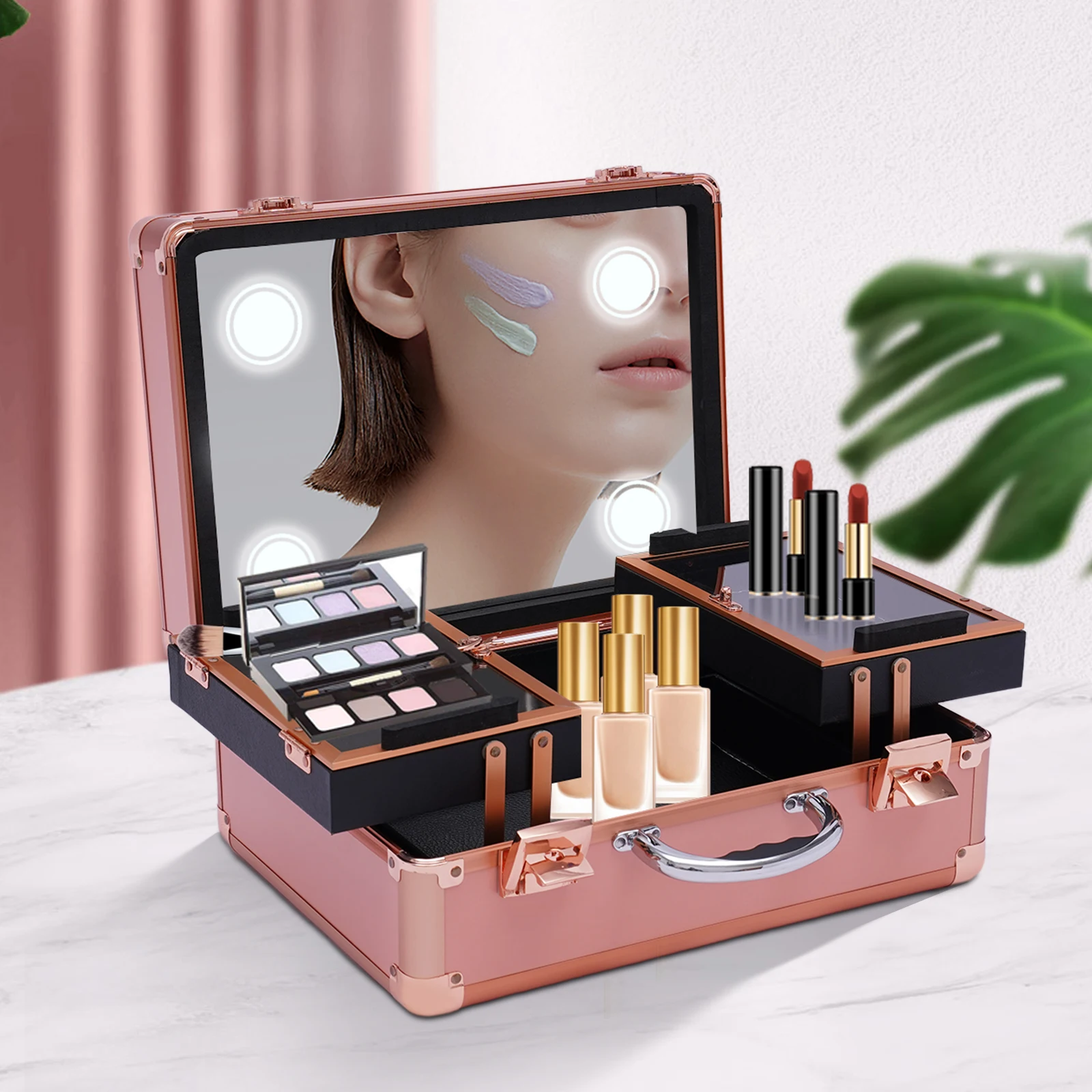 Makeup Train Case ，Cosmetic Organizer Box ，Makeup Case with Lights