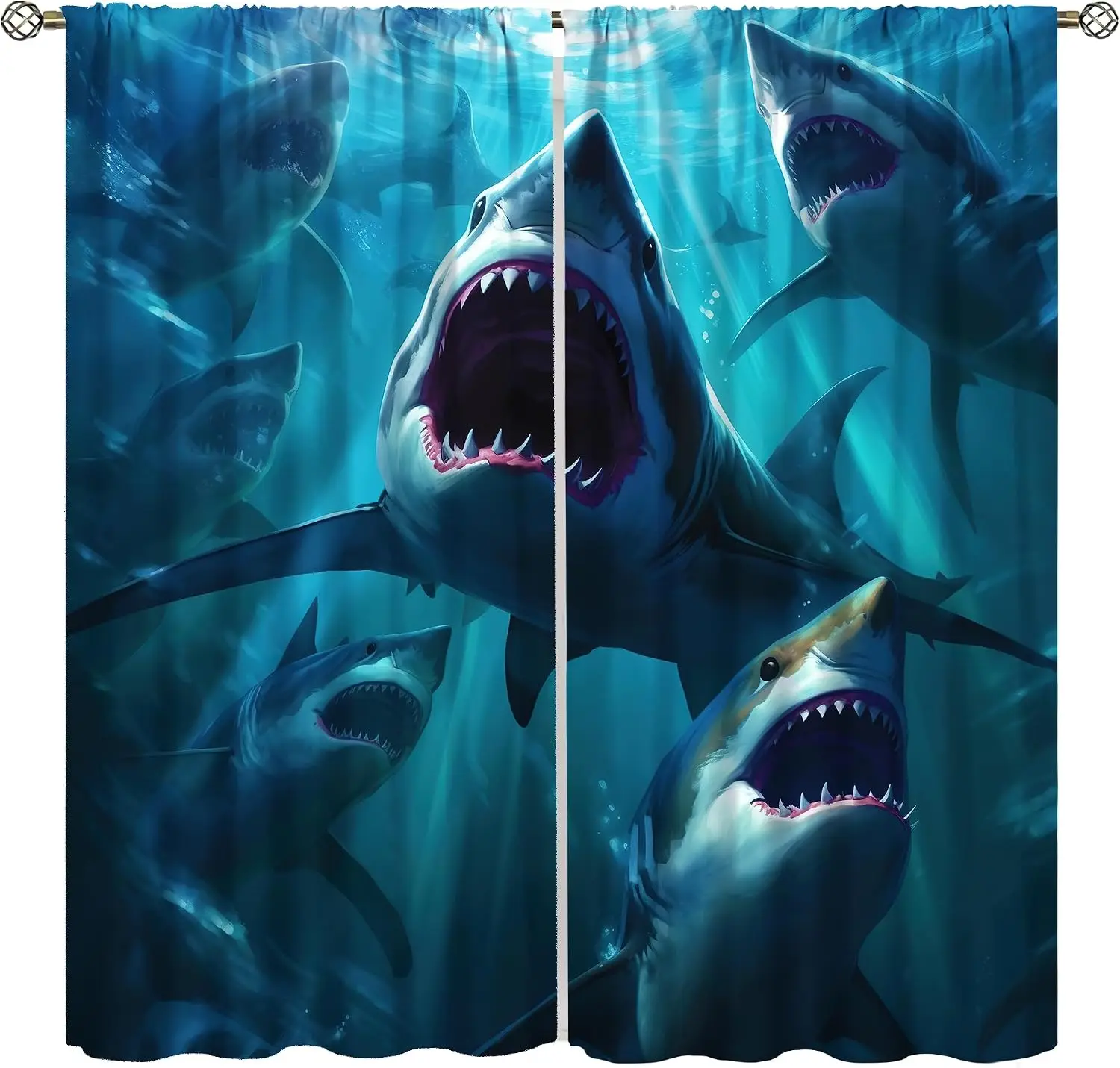 Dramatic Shark Ocean Curtain Blue Window Drapes Deep Sea Marine Life Predator Pattern Room Decor Waterproof Household Art