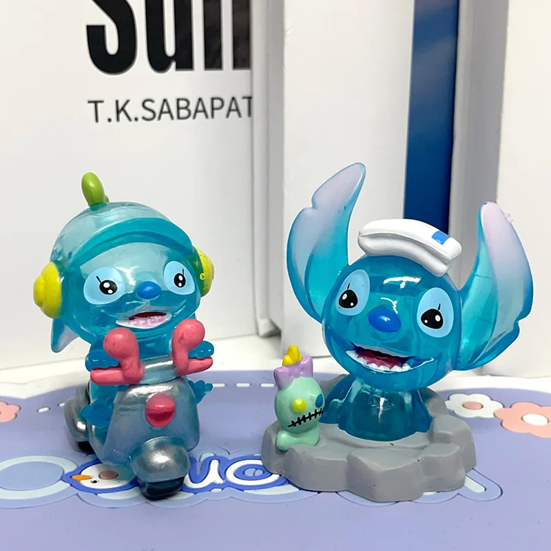 Juego de 6 uds de caja ciega Lilo Stitch, figura de acción de punto de cristal transparente de 7cm, modelo de juguete de PVC de Anime