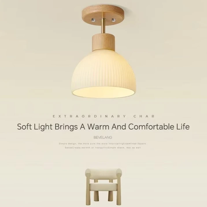 Nordic Wood Glass Ceiling Light Modern Art Striped Glass Corridor Ceiling Lamp for Kitchen Walkway Porch Indoor Lighting Lixture