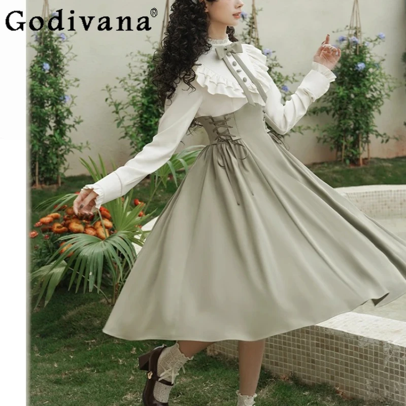 

Autumn Lolita Elegant Contrasting Color Fake Two-piece Long Sleeve Dress Sweet Girl Fashion High Waist Stand-up Collar Dresses