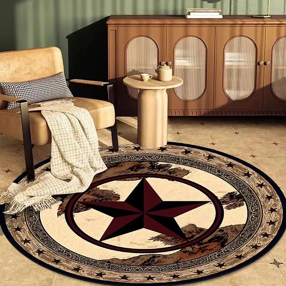 Round Rustic Texas Stars Area Rug Western Cowboy Bordered Circular Rugs for Bedroom Study Room Low Pile Farmhouse Floor Mats