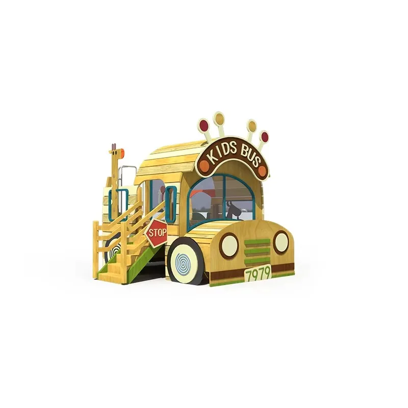 Kids Wooden Bus Playhouse with Slide, Animal Theme Role Play for Nursery