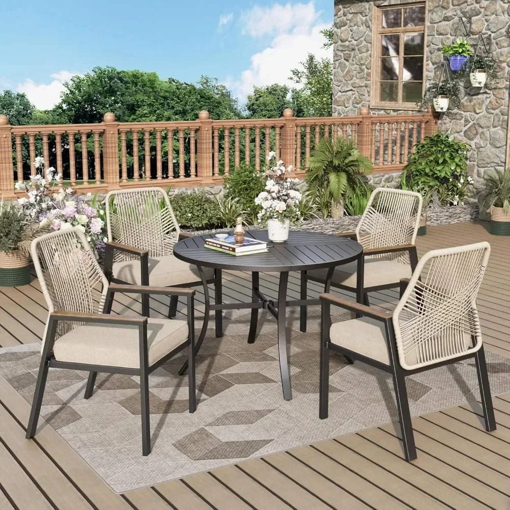 

5 Pieces Outdoor Patio Dining Set, Wicker Patio Table and Chairs Set of 4, Rattan Chairs with 3.1" Cushion and 42" Round Table