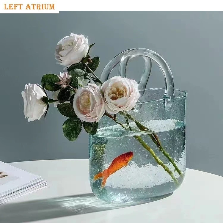 

Transparent Glass Handbag Vase Flower Arrangement Hydroponic Fish Culture Container Home Aesthetic Decoration