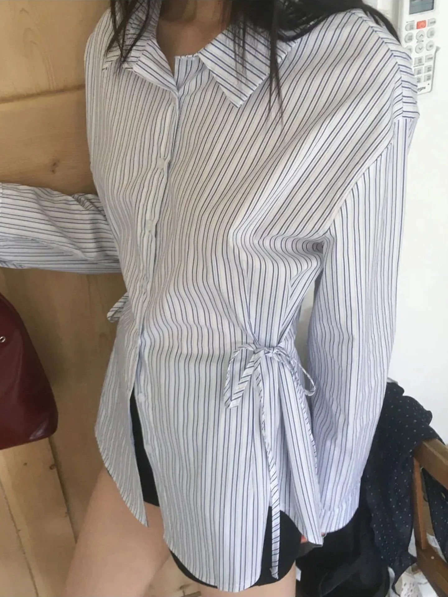 Csa a Rayas de Corte Ajustado para Mujer, Estilo Casual, Lazada Lateral, Cintura Ajustada, Manga Larga, Top Moderno, Noved...