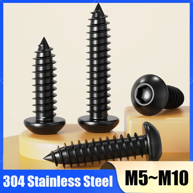 2~20Pcs M5 M6 M8 M10 Black 304 Stainless Steel Hex Socket Screw Hexagon Button Round Head Self Tapping Screws