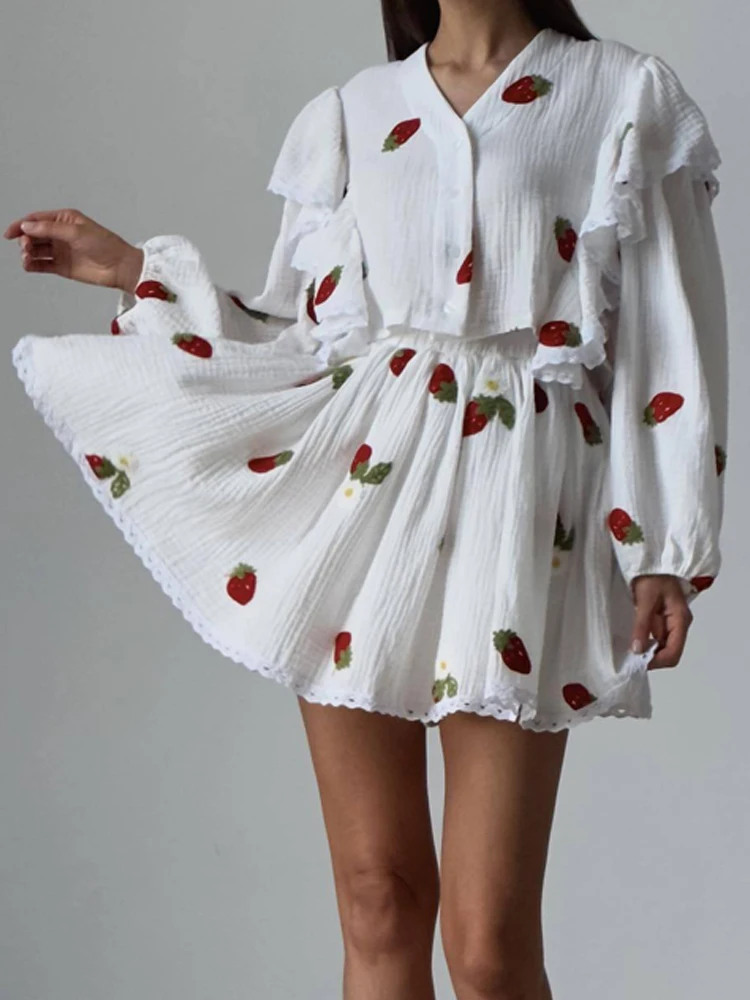 Home Suit Women Pajamas Cotton Linen Top Skirt Set Summer Strawberry Pattern Ruffle Long Sleeve Button Blouse Mini Skirt Outfits