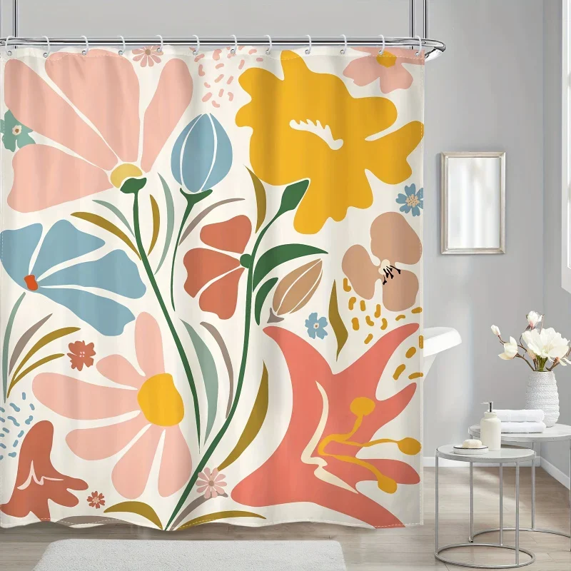 1/4pcs Floral Pattern Shower Set, Waterproof Curtain With Hooks, U- , Toilet Cover , L-shaped Mat, Bath