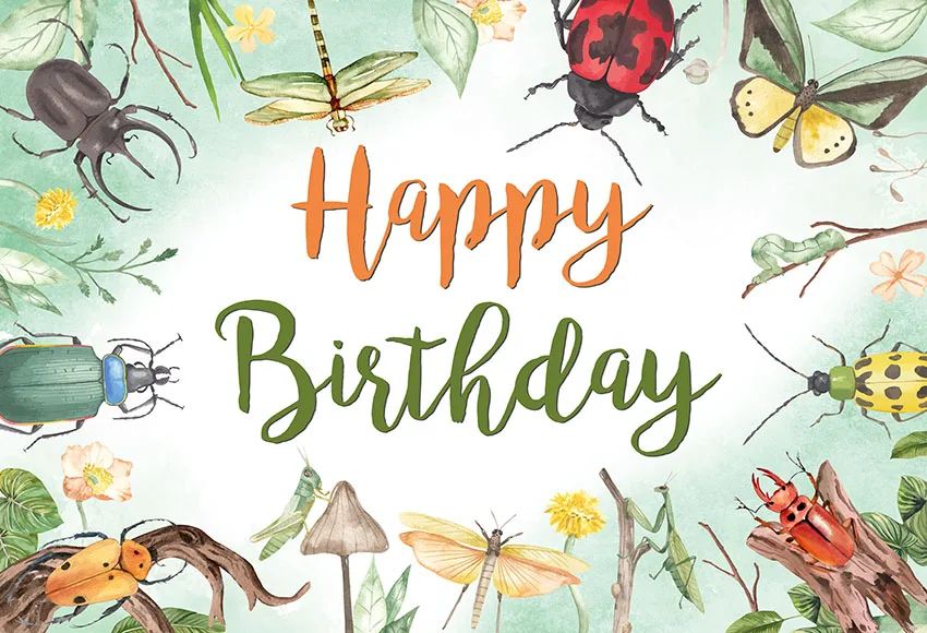 Pano de fundo de aniversário com tema de insetos, cenário de aniversário infantil, folhas verdes tropicais, decoração de festa, adereços para fotos
