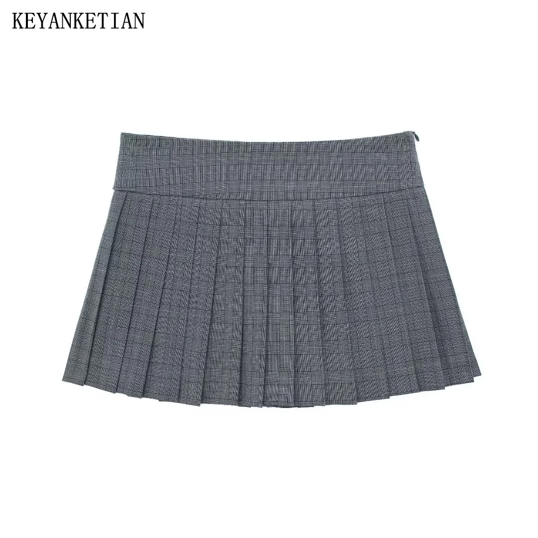 

KEYANKETIAN 2024 New Launch Women's Side Zipper High-Waisted Pleated Skirt Summer Y2K Spicy Girl Preppy Style Plaid Mini Skort