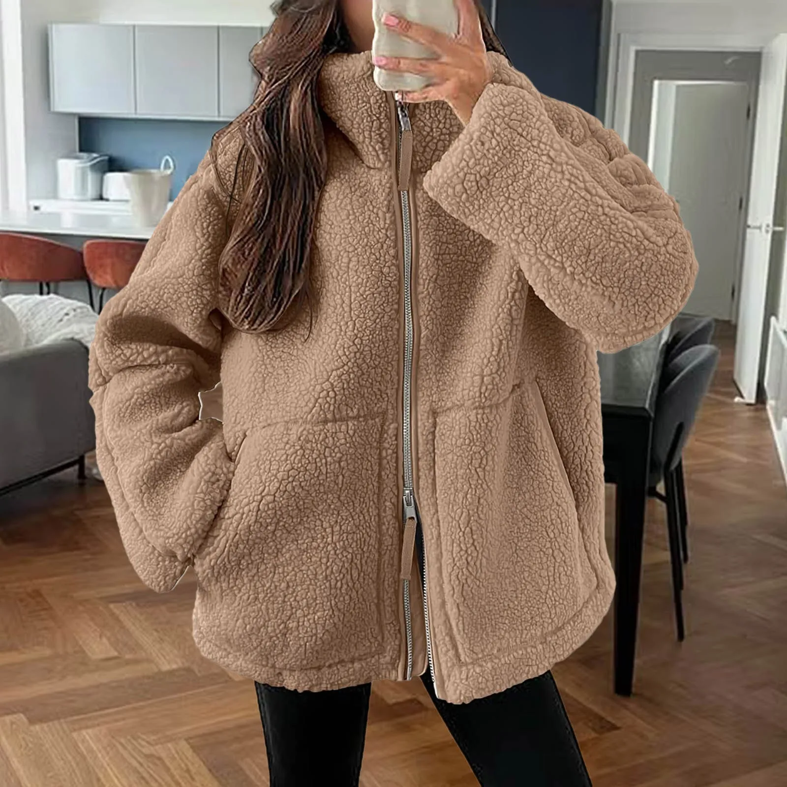 Black Oversize Casual Double Zip Stand Collar Sweatshirts Autumn Winter Warm Wool Lamb Outwears Coat Fuzzy Fleece Jacket Pockets