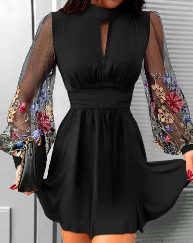 

Women Elegant Floral Embroidery Dress Semi-Sheer Mesh Patch Female Casual Clothing Women's Lantern Sleeve Fashion A Line Dresses