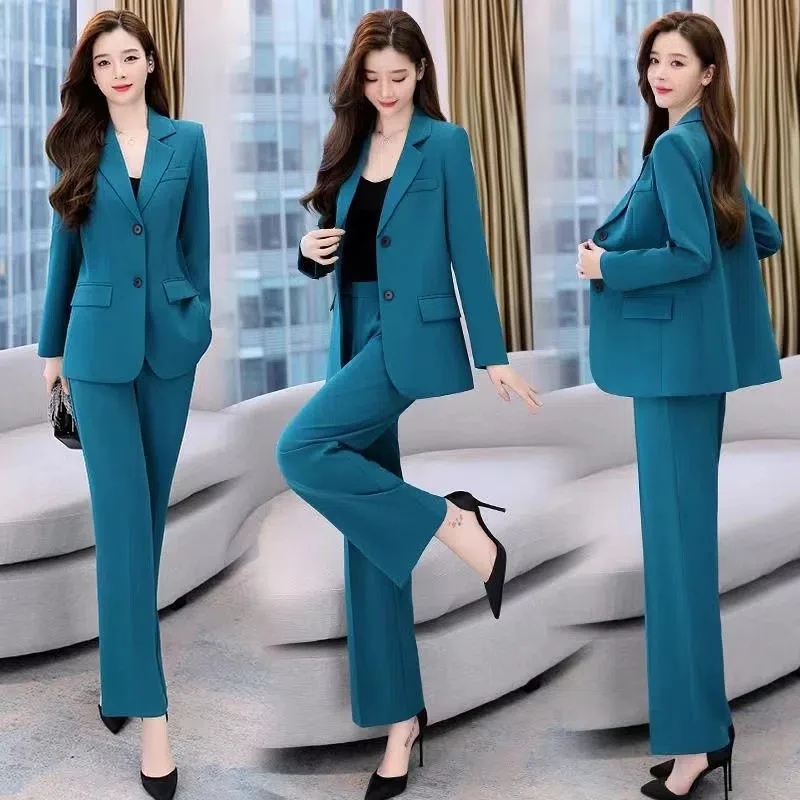 Jaqueta blazer sem forro coreana e calças largas para mulheres, senhora do escritório, terno elegante, roupas femininas, primavera, conjunto de 2