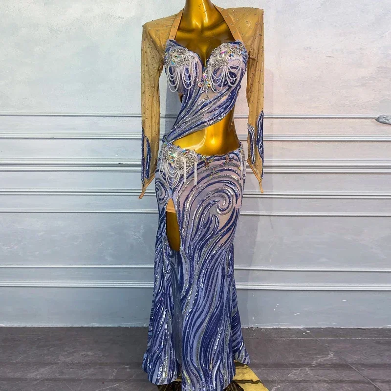 Femmes luxe strass Senior paillettes danse orientale adulte compétition vêtements danse du ventre Performance Costumes tenue