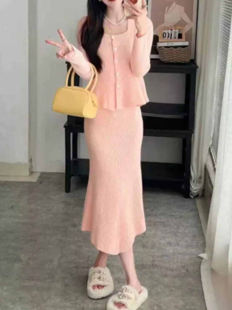 Fashion Sweet Solid 2 Piece Set Women Spring Autumn Ruffles Square Collar Single Breasted Knitted Top A-Line Skirt Suit Fashion