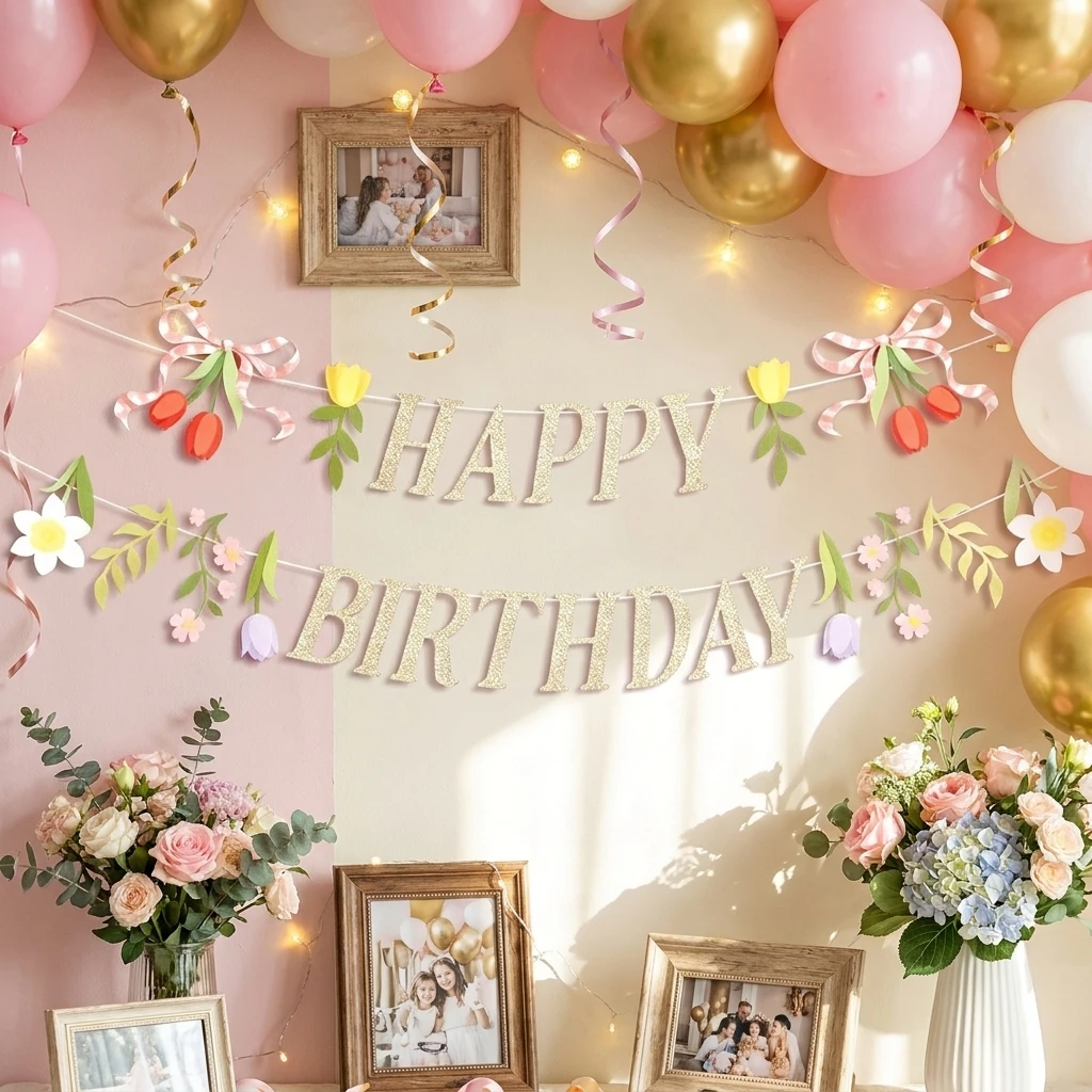 Rosa Blumen-Geburtstagswimpelkette mit Kirschblüten-Design für Nachmittagstee-Gartenparty, Mädchen-Babyparty-Geburtstagsdekoration