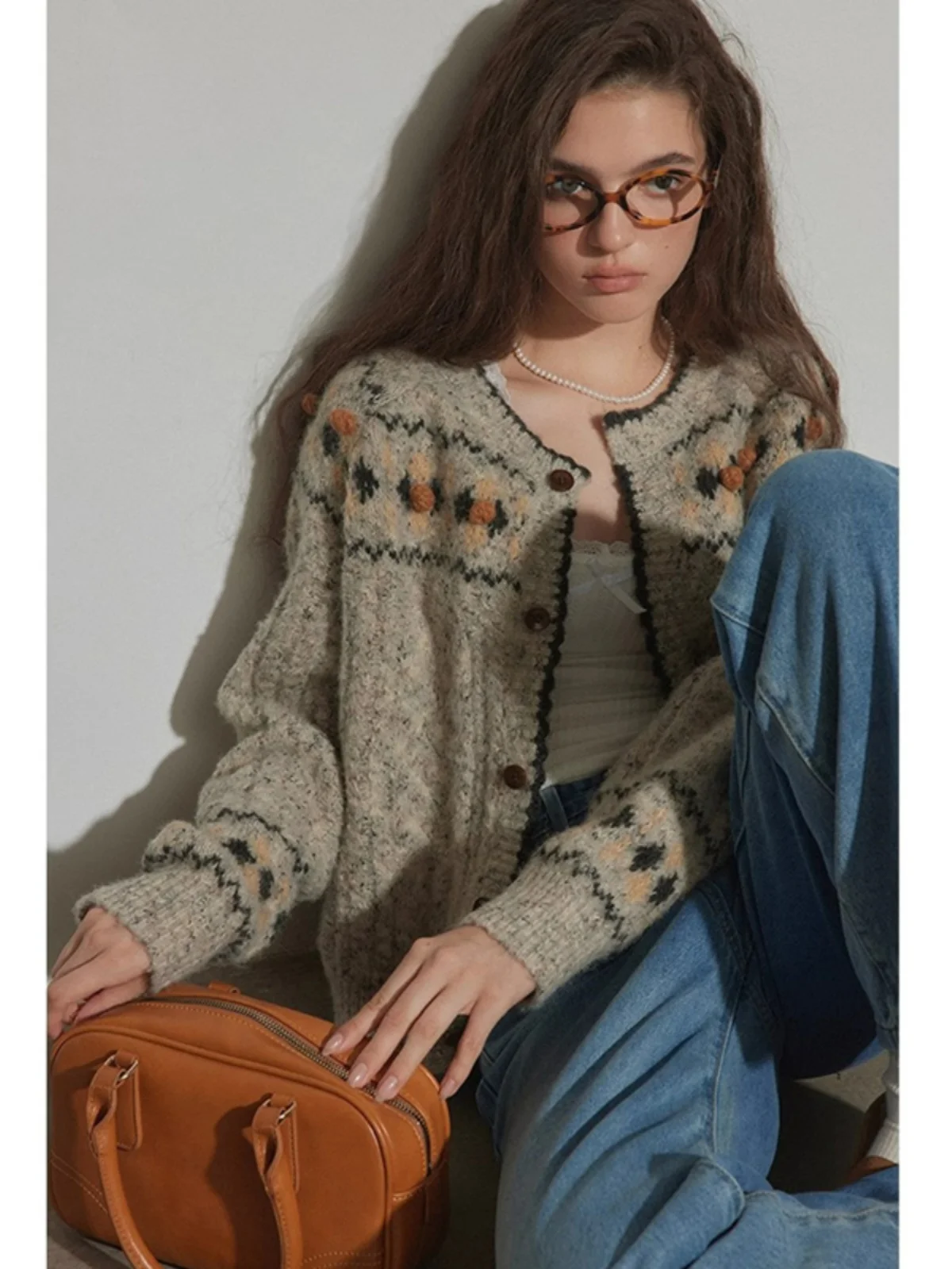 

Retro Aesthetic Mixed Color Knitted Cardigan Women's Autumn Winter Japanese Sle Vintage Fair Isle Sweater Coat Diamond Pattern