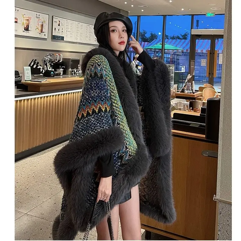 2024 Winter Faux Cashmere Poncho Loose-fitting Streetwear Women Long Sleeve Shawl Capes with Fur Female Knitted Scarf