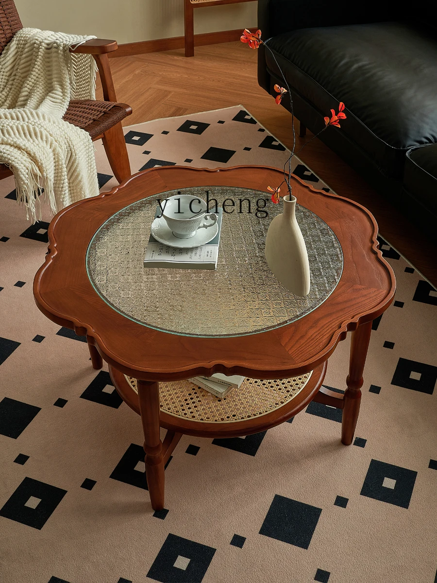 Tqh Vintage Coffee Table Solid Wood Rattan Flower round Glass Living Room Simple Modern