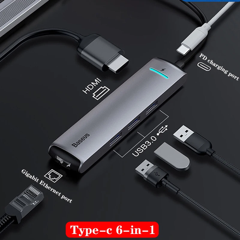 Baseus Type-c Expansion Dock Macbook Converter Computer Accessories for Laptop Fast Charging USB Network Cable Port HDMI Hub