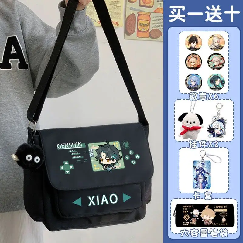 Genshin Impact Maplehara Manyo Zhongli Game Merchandise Single Shoulder Backpack Crossbody School Student Canvas Tote Bag Ani