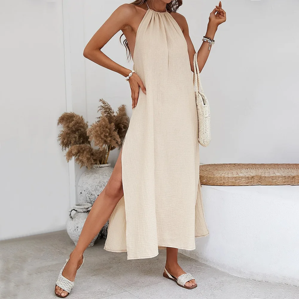 

2024 Casual Style Design Large Backless Seaside Holiday Apricot Hanging Neck Dress Sundress Female Summer Solid Robe Party Beach