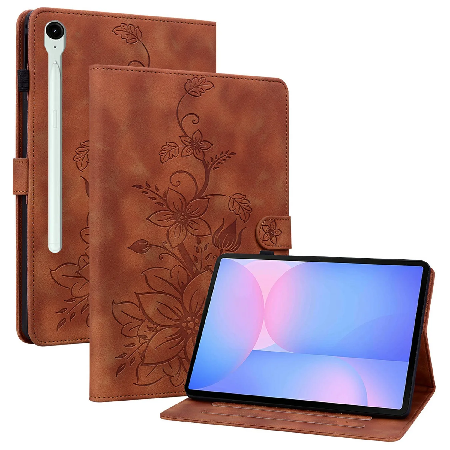 

For Samsung Galaxy Tab S10 FE+ Case Lily Flower Imprint Card Slots Leather Tablet Cover - Brown