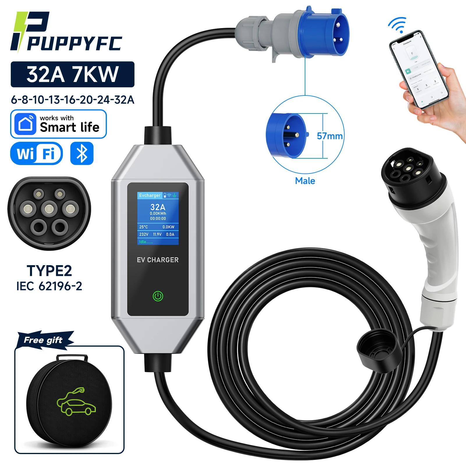 

Puppyfc 7KW 1Phase Portable EV Charger 32A Type2/GBT Wallbox Electric Car Surety EVSE Fast Charging CEE Plug WiFi Control