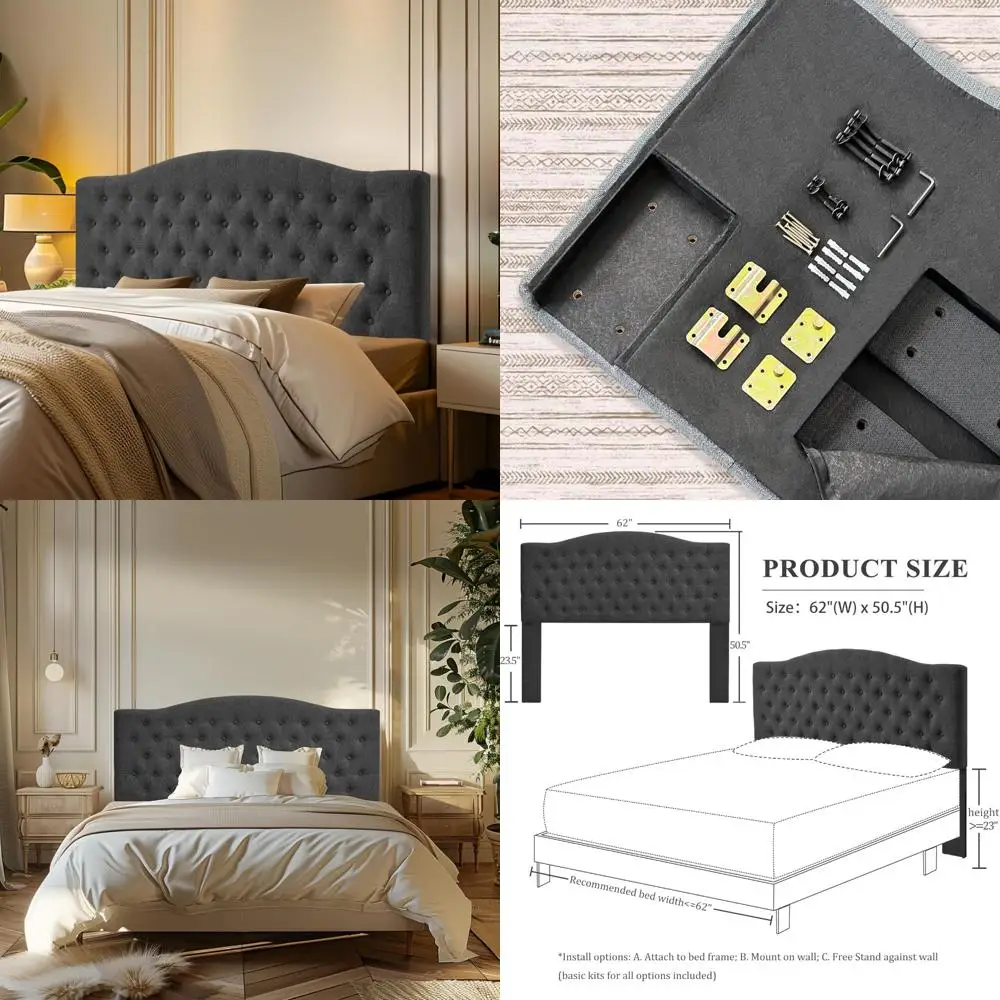 لوح رأسي منجد من الكتان بحجم كوين/كامل الحجم - إطار جداري وسرير قابل للتركيب، بطانة إسفنجية عالية الكثافة، راحة فاخرة، حديثة #1
