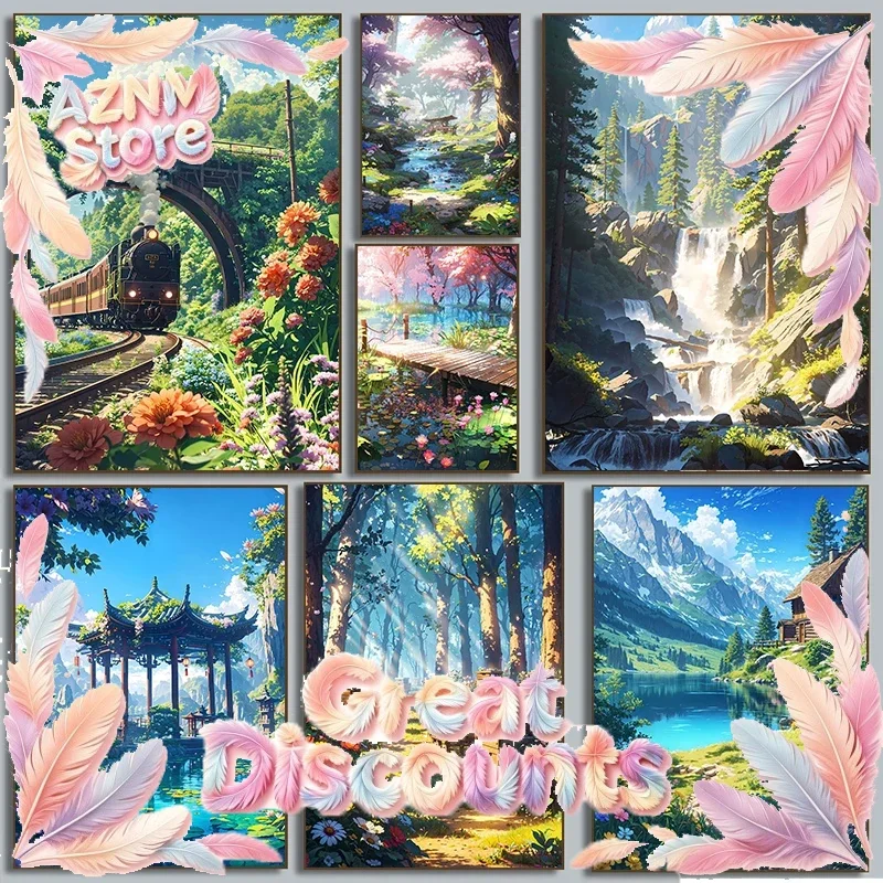 Spectacular Views Wildflower Field Poster Scenic Nature Mountain Valley Spring Summer Landscape Canvas Paintings Wall Home De