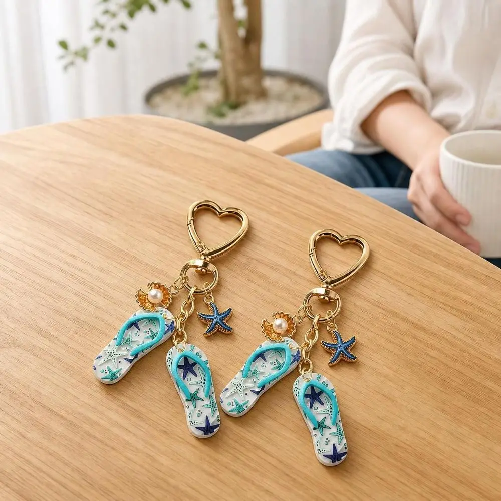 Acrylic Flip Flop Starfish Keychain Heart Clasp Anti-fade Summer Beach Pearl Keyring Portable Funny Starfish Shell Pendant