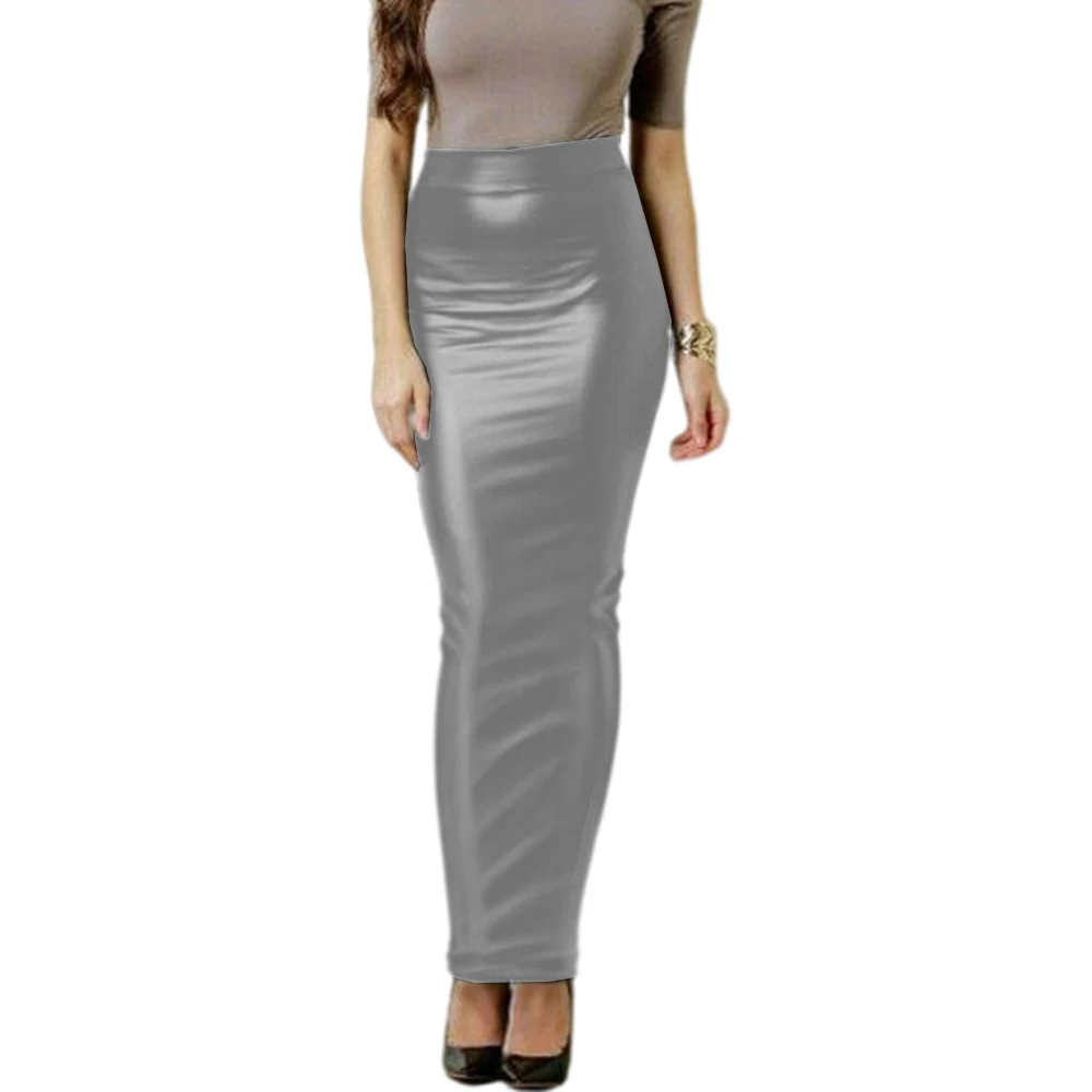 Women's PU Leather Matte Long Pencil Skirts, High Waist, Slim Hobble Skirts, Elegant Ladies Bodycon Stretch Skirts, Streetwear