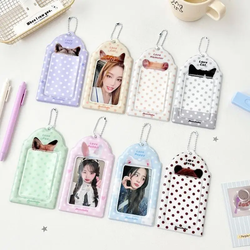1Pc Portable PVC Photocard Holder Animal Ear Print Polka Dot Design Card Protector With Chain Bus Card Holder