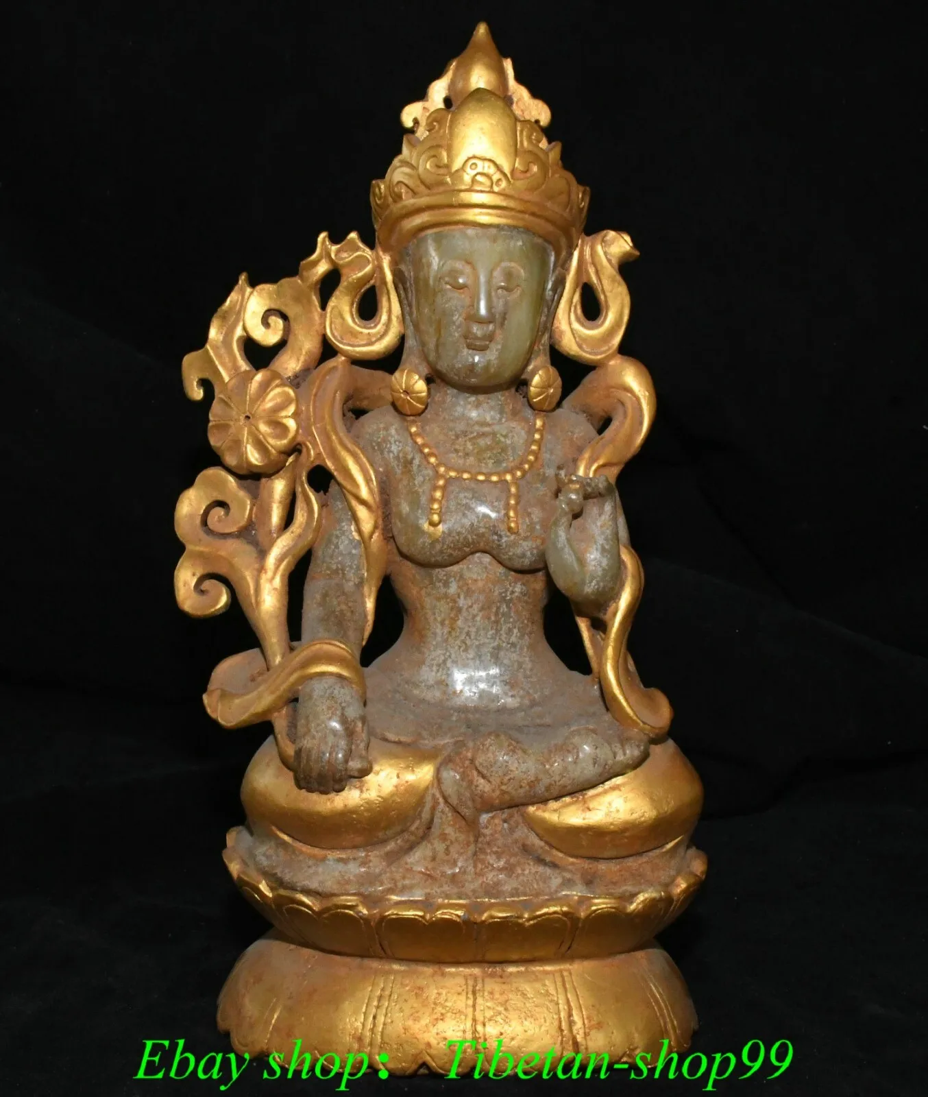 11''Old Dynasty Hetian jade Gold Carved Kwan-yin GuanYin Quanyin Buddha Statue