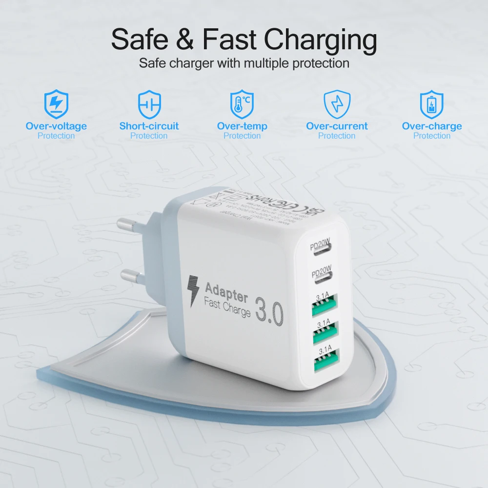 USB C Wall Charger Block, 50W 5-Port C Charger Fast Charging Block PD Power Adapter +QC 3.0 Multiport Type C Box Brick Cube USB