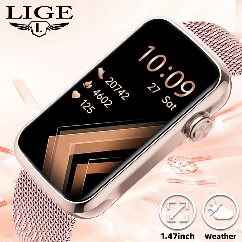 LIGE Women Smart Bracelet 1.47'' Heart Rate Step Count Smart Watch Sport Fitness Health Monitor Waterproof Smartwatch Men Ladies