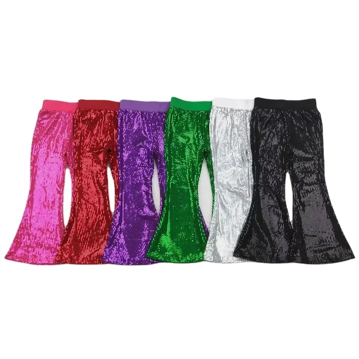 

2025 Fashion Kid Toddler Baby Girl Bell Bottom Pants Shiny Sequins Design Elastic Waist Trousers for 0-16Y
