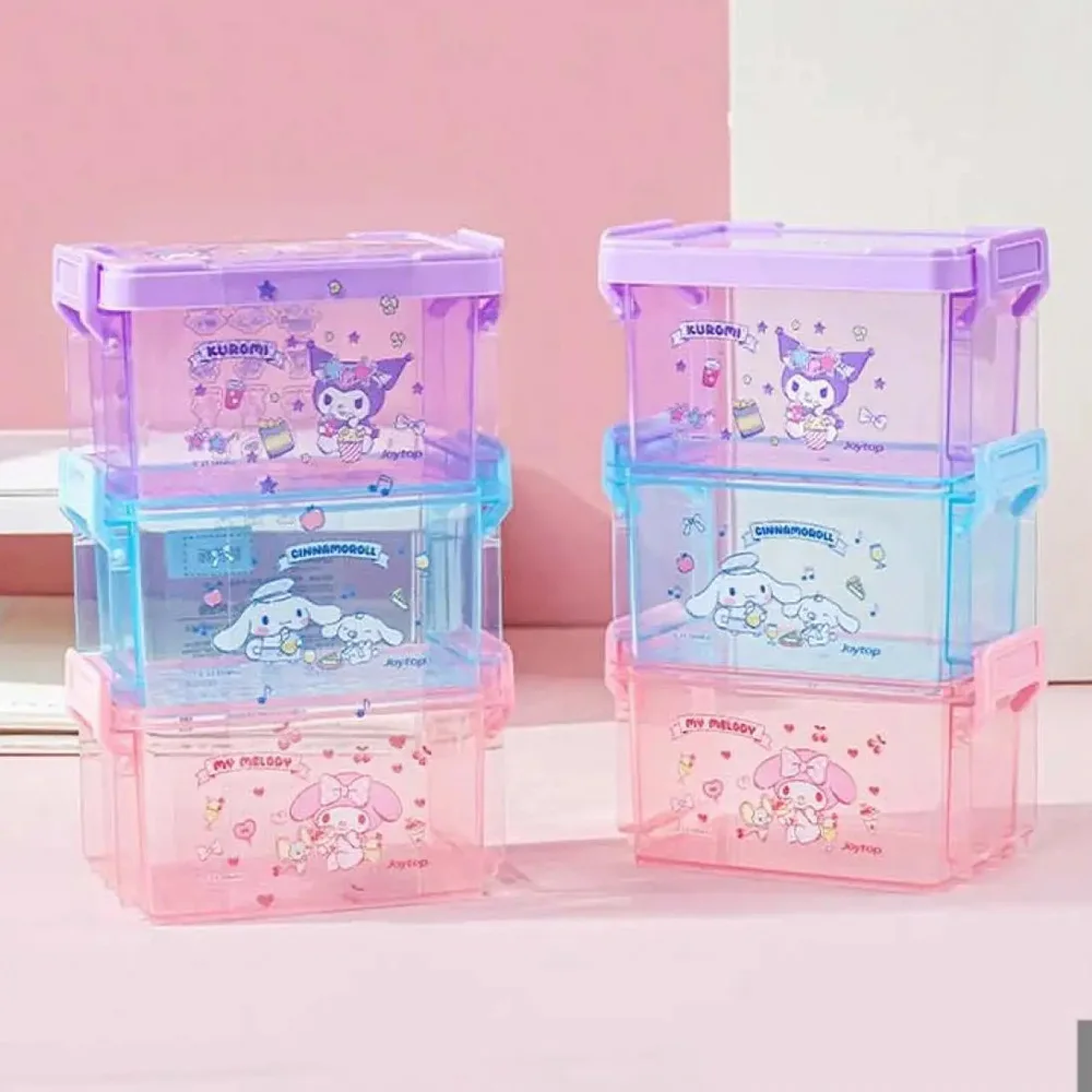 Genuíno sanrio cinnamoroll kuromi caixa de coleta empilhável de 3 camadas com adesivo diy kawaii melodia casa caixas de armazenamento diversos