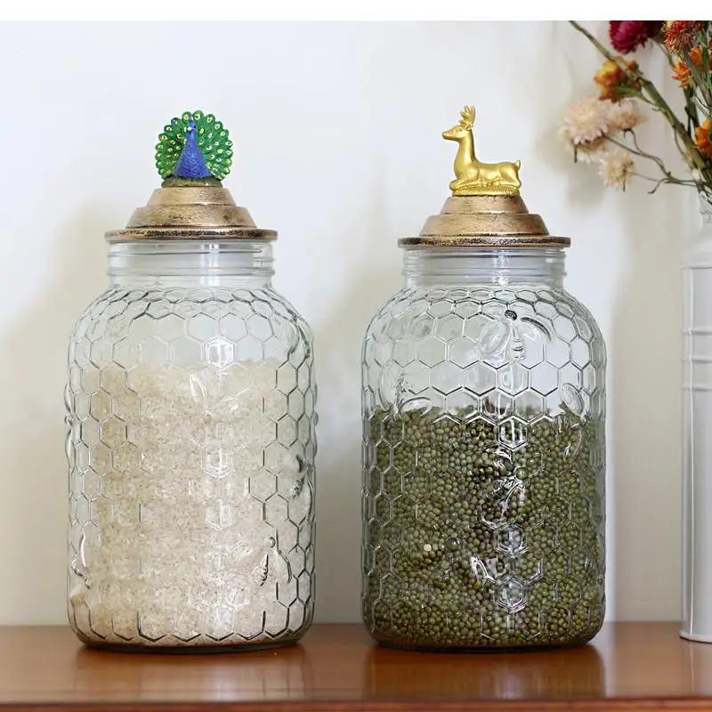 

Peacock Golden Deer Animal Cover Glass Sealed Storage Jar Grain Separator Household Bottle Kitchenware