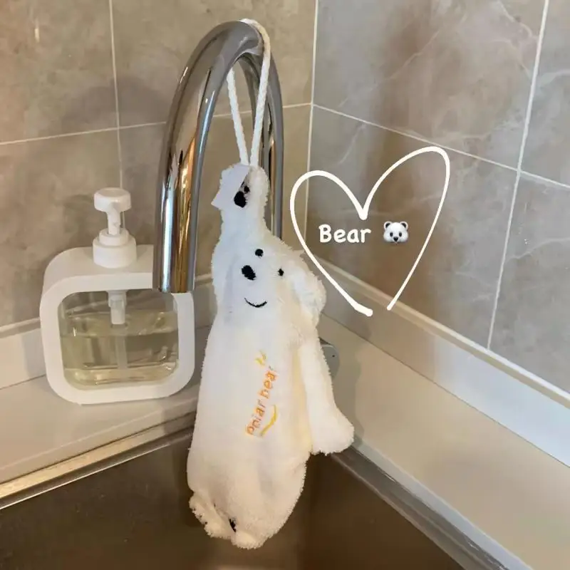 【IIOO】Super Absorbent Polar Bear Hand Wiping Towel​ Hanging Kitchen Towel With Coral Design Thick Cartoon Hand Towel