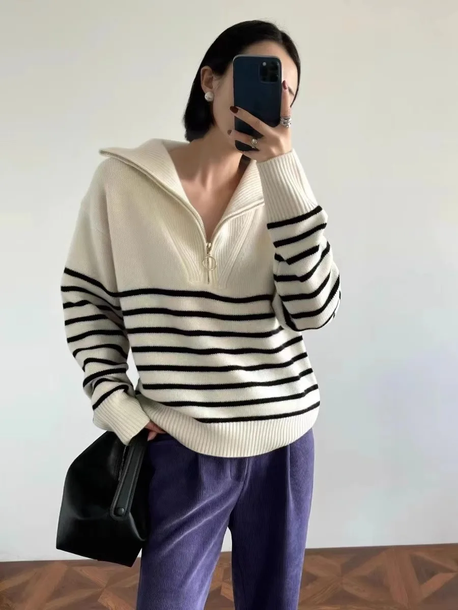 Autumn/Winter new classic striped zipper turtleneck + lapel 100% cashmere knit sweater women\'s bottom sweater