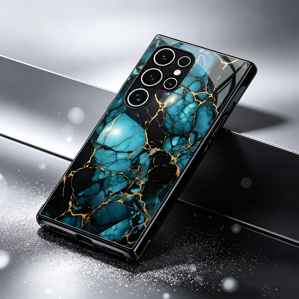 Sea blue stone pattern Black Tempered Glass TPU phone case for Samsung Galaxy S26/S25/S24/S23/S22/S21 FE Ultra Plus Shockproof
