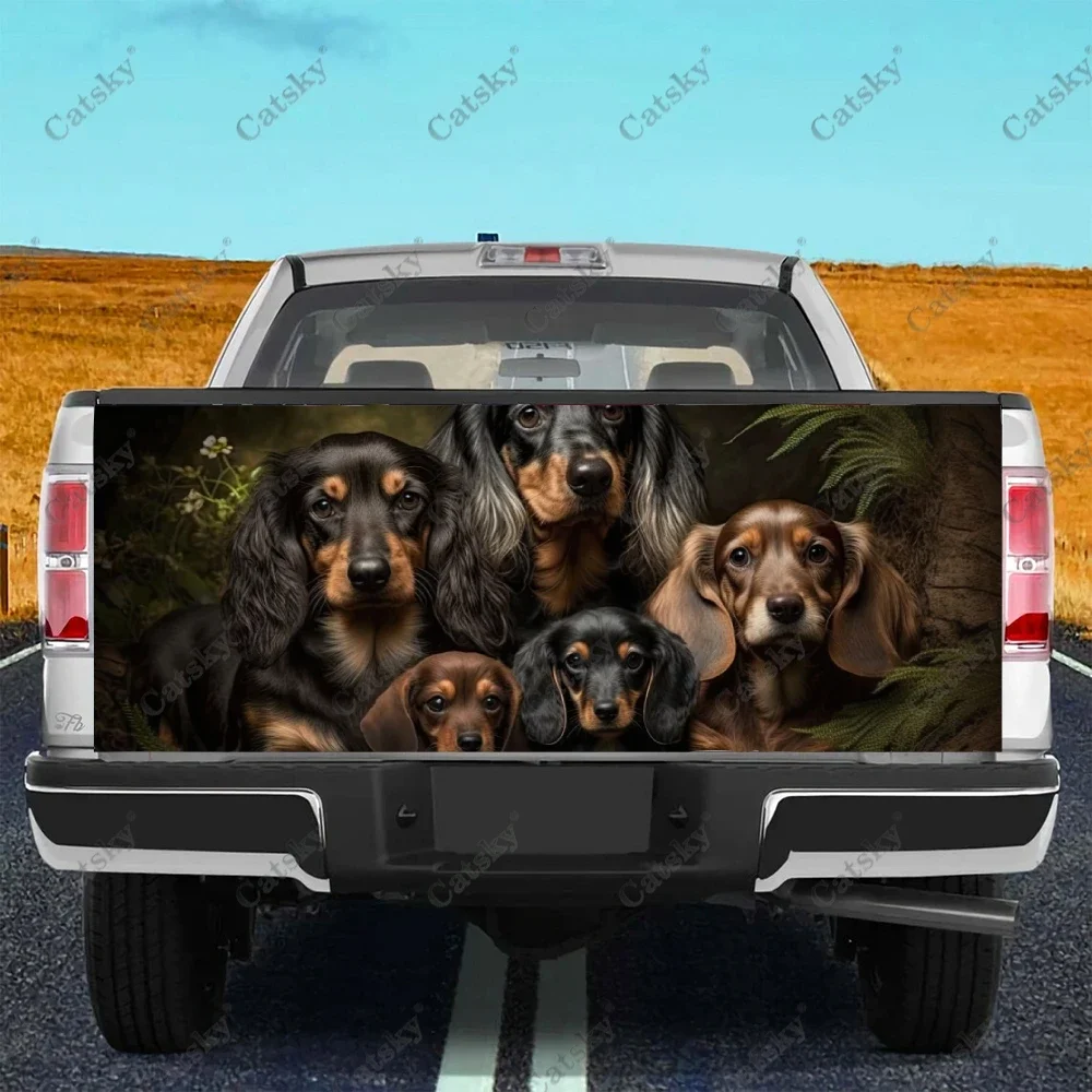 

Playful Dachshund Smelling Flowers Truck Decals Truck Tailgate Decal Sticker Wrap , Bumper Stickers Graphics for Car Trucks SUV