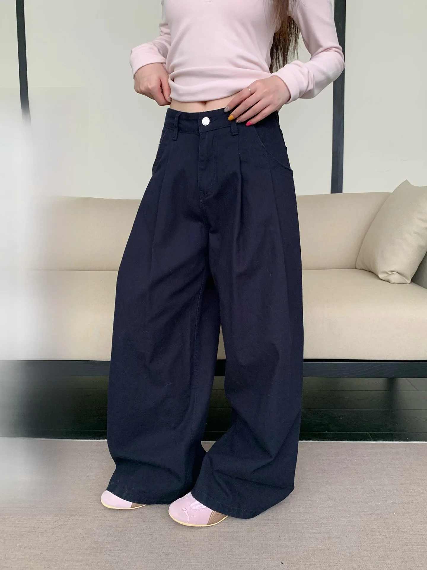 

Американские свободные широкие брюки-палаццо для женщин, плиссированные, в пол, прямые, синие, весна-лето, модные, женская одежда