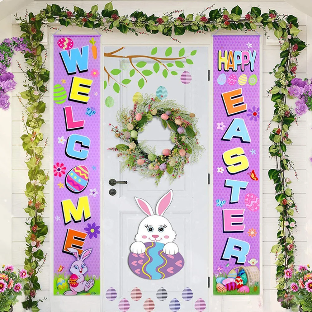 

1Pair Easter Door Banners Premium Material Hanging Welcome Banner Door Curtain Porch Sign Easter Day Decorative Couplet