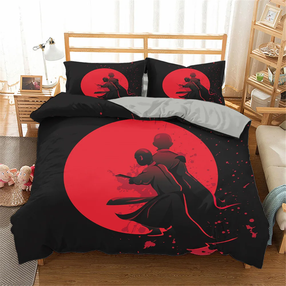 

Chinese Kungfu Duvet Cover Black Cartoon Martial Artist Silhouette for Adult Teens Boys China Cultural Theme Bedroom Decoration