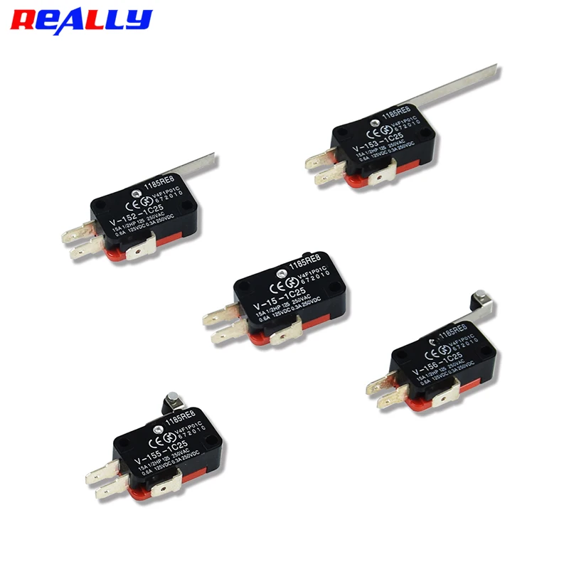 5PCS V-1C25 Series Stroke Limit Microwave Oven Door Micro Switch Hinge Roller Hinge Lever Momentary Snap Action 15A  250VAC